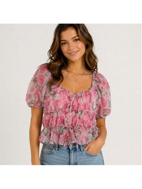 Joie Floral Crop Top Pink Rose Print Puff Sleeve Peplum Romantic Cottage Med